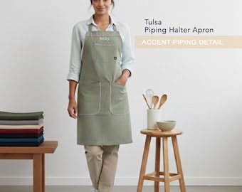 Tulsa Piping Halter Personalized Apron – Custom Cooking Gift for Mom Dad Chef – Embroidered Kitchen Apron for Him Her – BBQ Grilling Gift