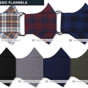 May include: A set of 8 face masks in various colors and patterns, including brown and blue tartan, red buffalo check, blue buffalo check, charcoal flannel, light gray flannel, navy blue flannel, and army green flannel. The masks are all made of fabric and have a three-dimensional shape.