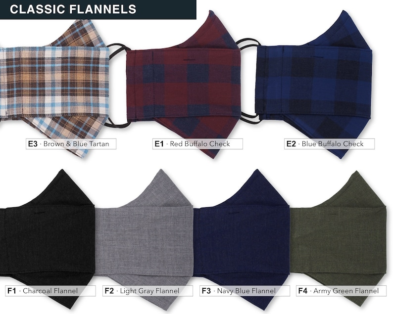 May include: A set of 8 face masks in various colors and patterns, including brown and blue tartan, red buffalo check, blue buffalo check, charcoal flannel, light gray flannel, navy blue flannel, and army green flannel. The masks are all made of fabric and have a three-dimensional shape.