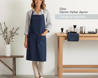 Oslo Denim Halter Personalized Apron – Custom Cooking Gift for Mom Dad Chef – Embroidered Kitchen Apron for Him Her – BBQ Grilling Gift