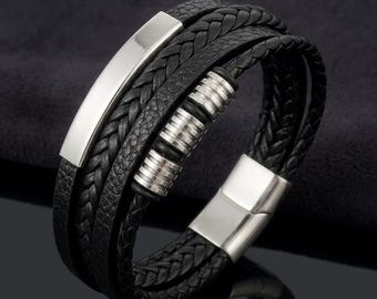 Personalized men's bracelet, black leather, engraving & magnetic clasp, gift for him