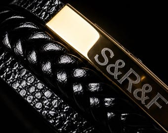 Personalized men's bracelet, black leather, engraving & magnetic clasp, gift for him