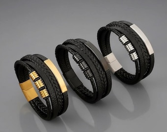 Personalized men's bracelet, black leather, engraving & magnetic clasp, gift for him