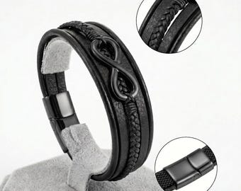 Pulsera de hombre de cuero genuino negro con símbolo de infinito, personalización y cierre magnético.
