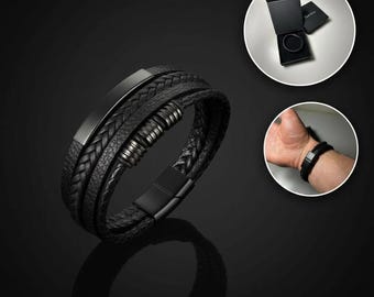 Herren Armband in Schwarz aus echtem Leder mit Personalisierung und Magnetverschluss