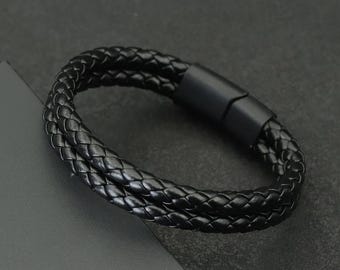 Personalized braided leather bracelet with engraving for men, magnetic clasp bracelet, vintage minimalist bangle