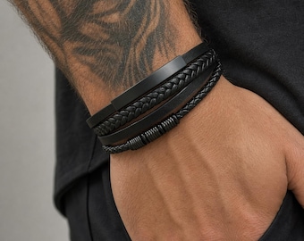 Men's black leather bracelet with magnetic clasp