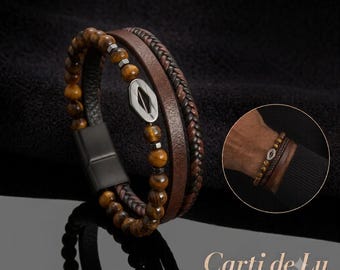 Brown leather pearl bracelet with engraving - Carti de Lu