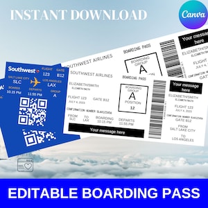 May include: An image featuring editable boarding passes with the text "INSTANT DOWNLOAD" and "EDITABLE BOARDING PASS". The passes are in blue and white, with details like flight numbers, gate, and passenger information.