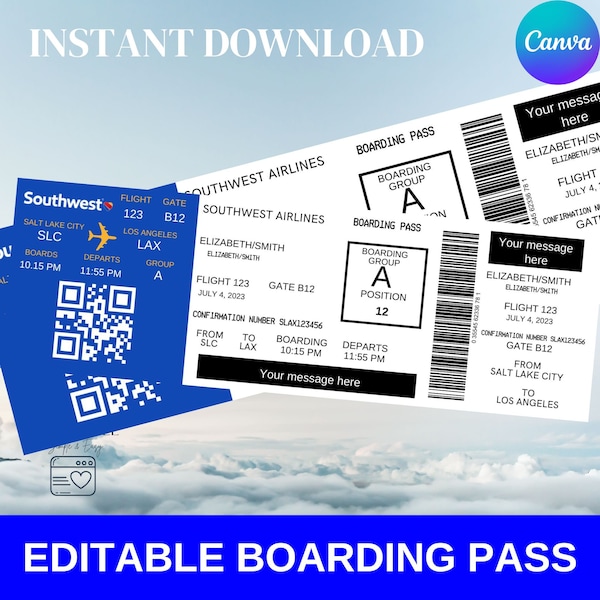 Editable Boarding Pass Ticket Template, Surprise Airline Gift, Southwest Airlines, Printable Airline Ticket - Surprise Birthday Gift -Ticket