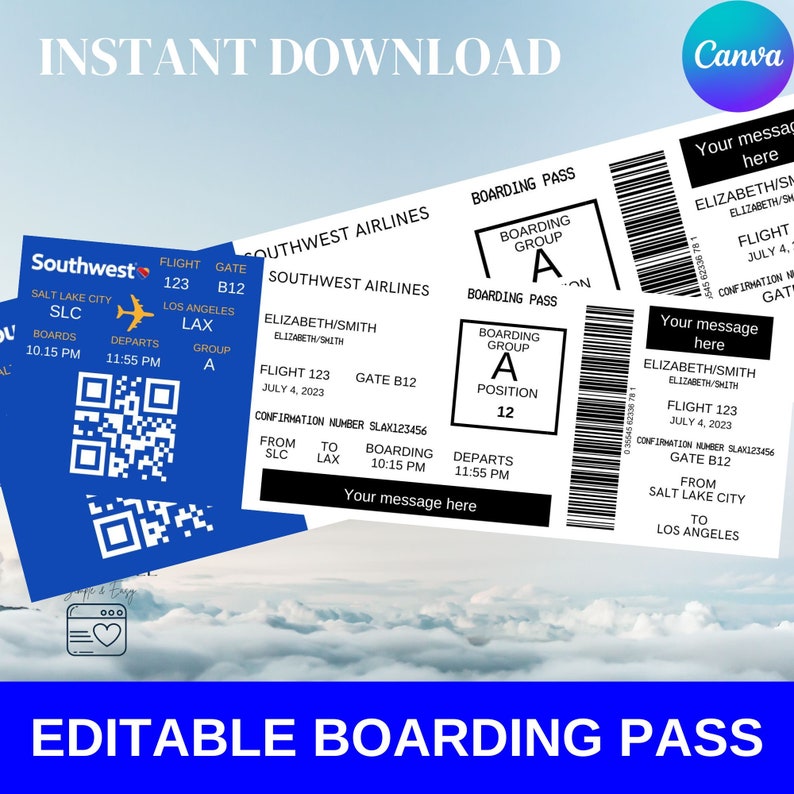Editable Boarding Pass Ticket Template, Surprise Airline Gift, Southwest Airlines, Printable