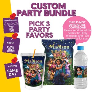 May include: Custom party bundle featuring a drink pouch, chip bag, and water bottle, all with a matching design. The design includes the text "Madison is Turning 6" and a colorful illustration. The image also includes text that says "Pick 3 Party Favors".