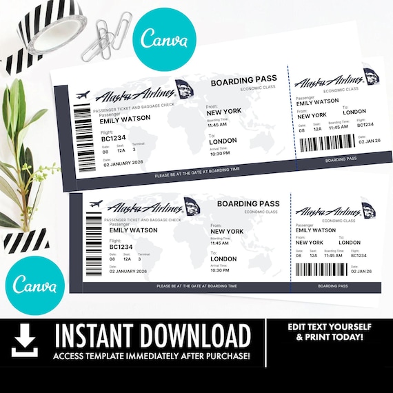 Editable Alaska Ticket Template Canva Boarding Pass Invitation | Printable Airline Ticket | Alaska Airlines Trip Gift | Digital Download