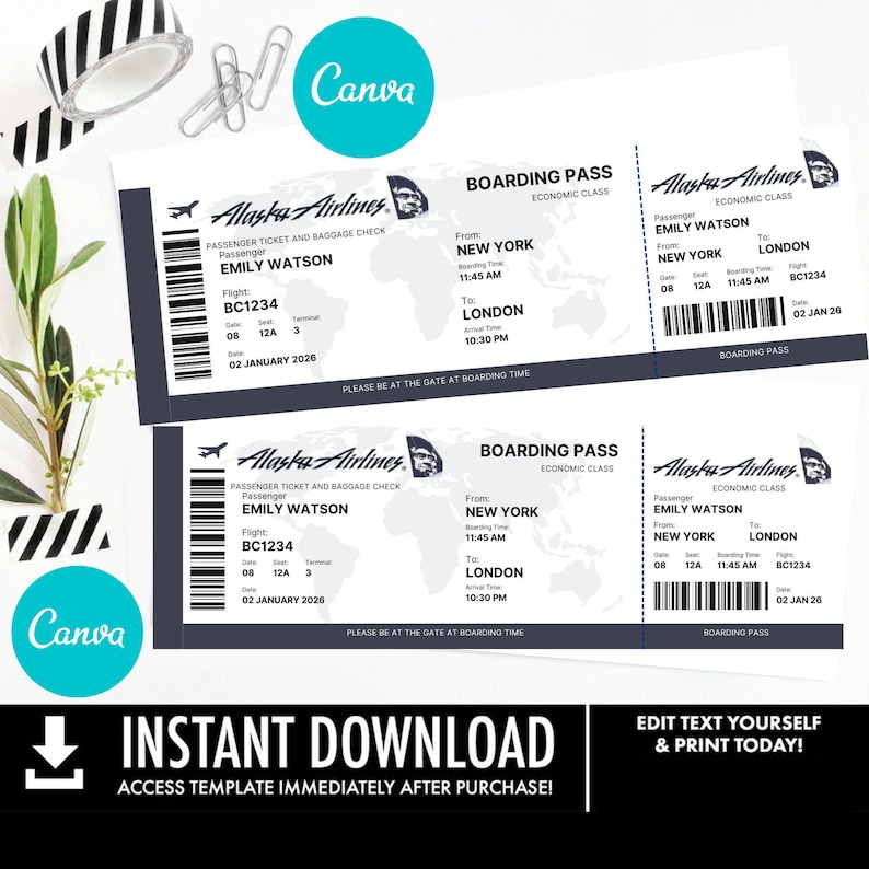 May include: Two Alaska Airlines boarding passes with the passenger name "EMILY WATSON" and flight details from New York to London. The design includes a world map, a barcode, and the text "INSTANT DOWNLOAD".