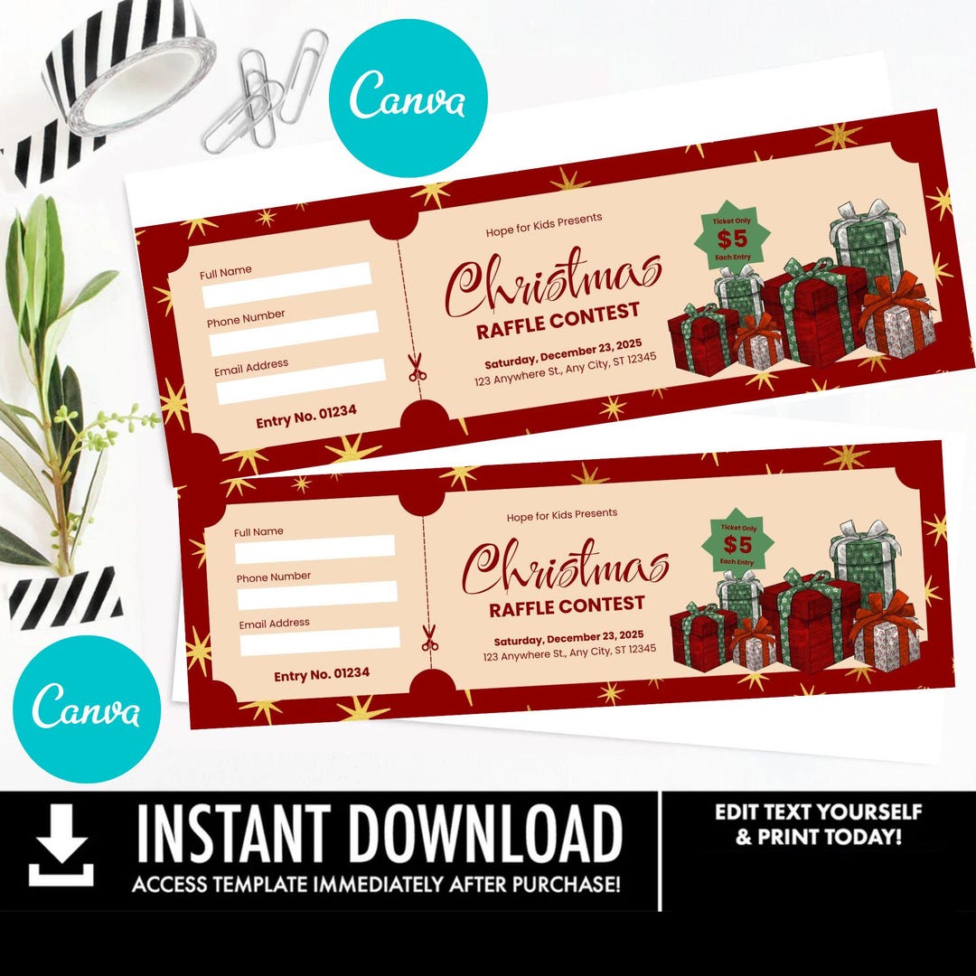 Editable Christmas Ticket Raffle Minimalist Red Template I Holiday ...