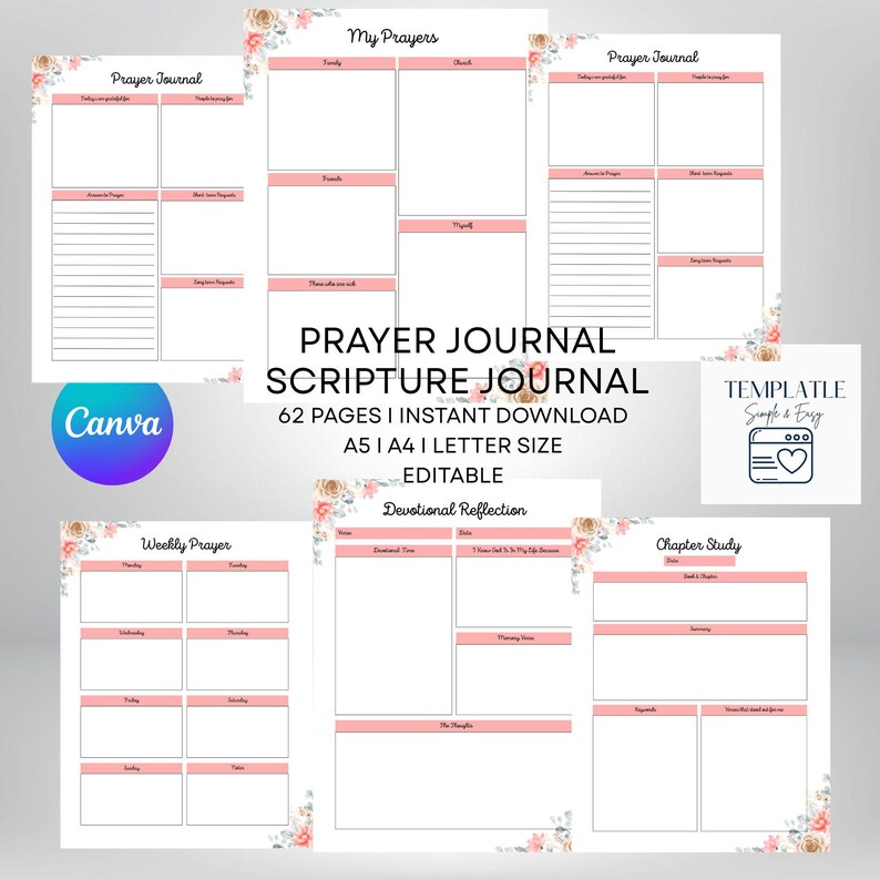 62 Pages Prayer Journal | Canva Template | Digital Download | Printable ...
