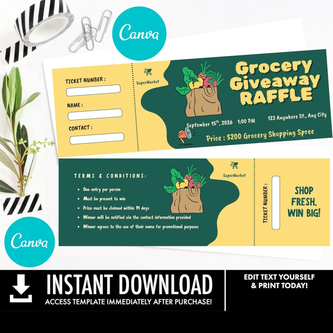 Merchandise Raffle Tickets Editable Raffle Groceries Giveaway Ticket Template Canva | Raffle ...