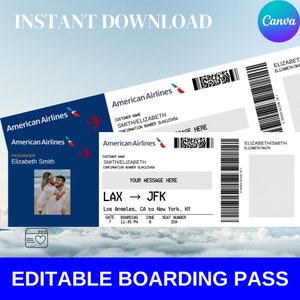 Modello di biglietto della carta d'imbarco modificabile, regalo della compagnia aerea a sorpresa, American Airlines, biglietto aereo stampabile AA