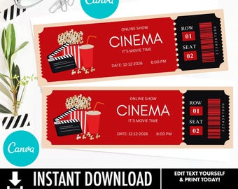 Editable Ticket Movie Night Template Canva | Gift Ticket Movie Night| Movie Night Ticket | Movie Surprise Gift | Digital Download