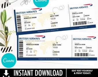 Editable British Ticket Template Canva Boarding Pass Invitation | Printable Airline Ticket | British Airlines Trip Gift | Digital Download