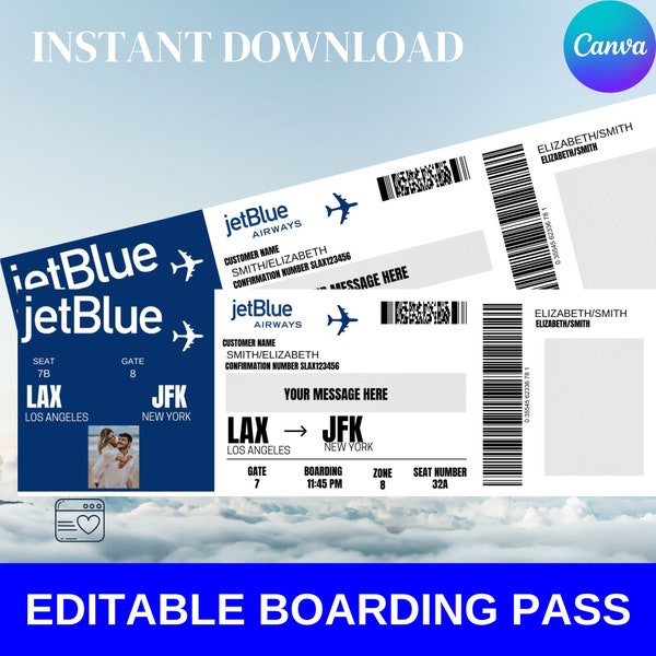 Editable Boarding Pass Ticket Template, Surprise Airline Gift, Jetblue Airlines, Printable Airline Ticket - Surprise Birthday Gift -Ticket