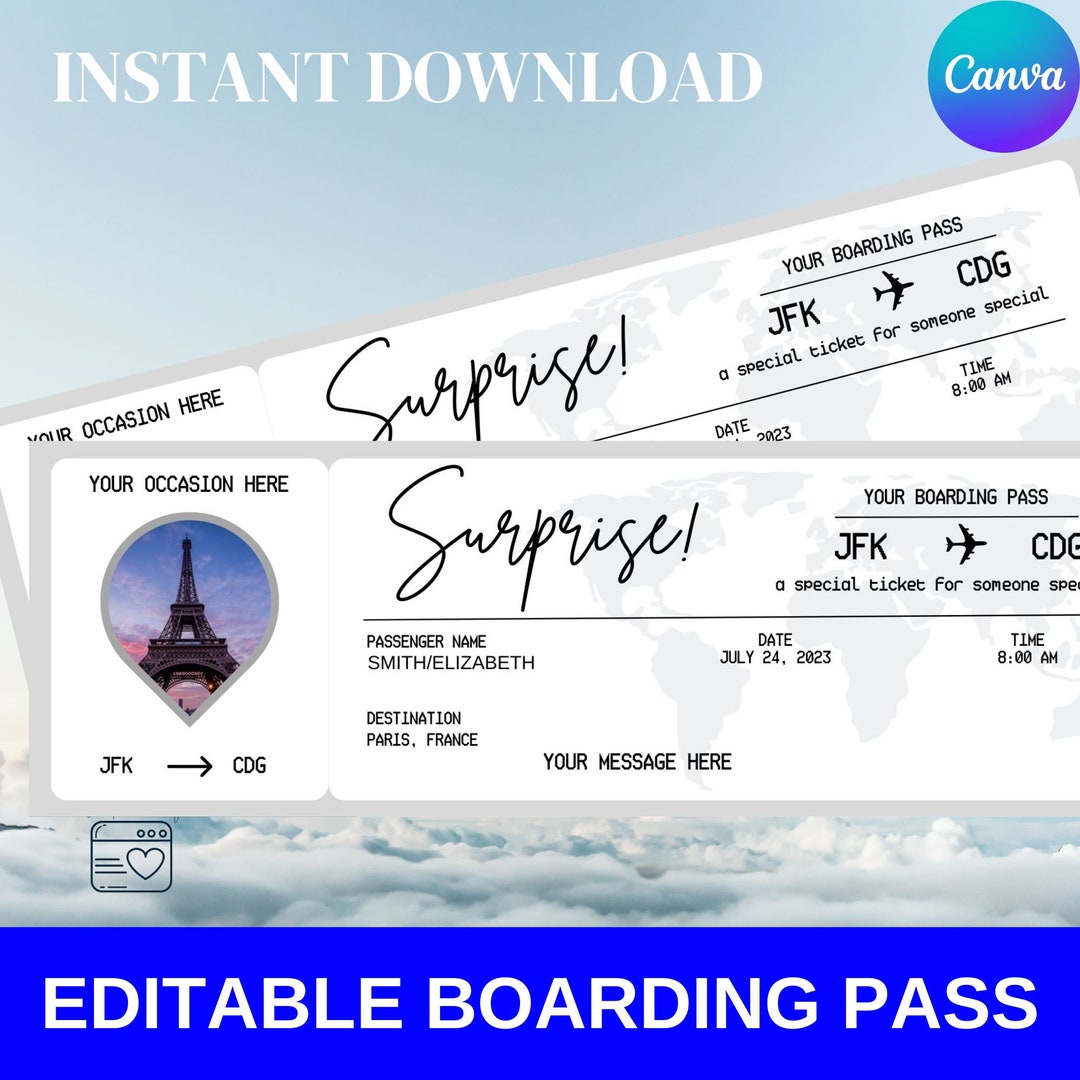 Editable Boarding Pass Ticket Template, Surprise Airline Gift, Airlines ...