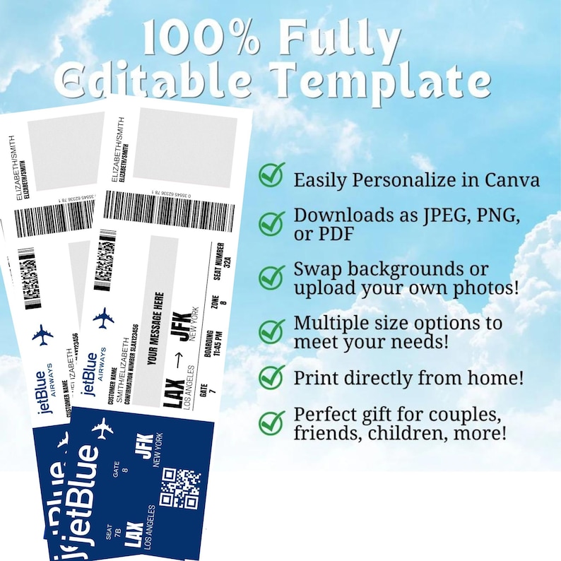 Editable Boarding Pass Ticket Template, Surprise Airline Gift, Jetblue ...