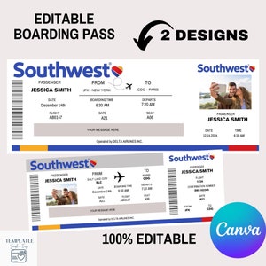 Editable Boarding Pass Ticket Template, Surprise Airline Gift, Southwest Airlines, Printable Airline Ticket - Surprise Birthday Gift -Ticket