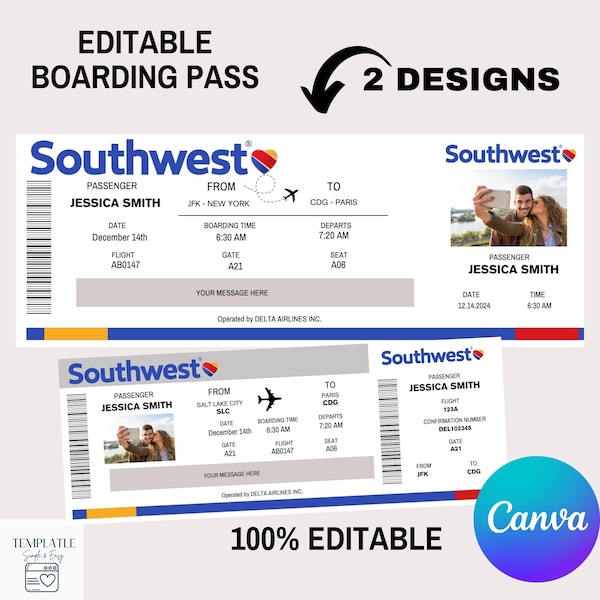 Editable Boarding Pass Ticket Template, Surprise Airline Gift, Southwest Airlines, Printable Airline Ticket - Surprise Birthday Gift -Ticket