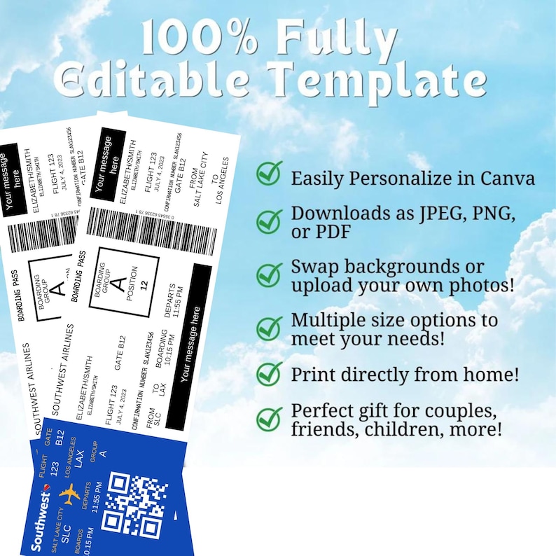 Editable Boarding Pass Ticket Template, Surprise Airline Gift ...