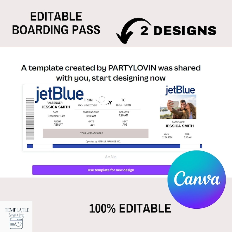 Editable Boarding Pass Ticket Template, Surprise Airline Gift, Jetblue ...