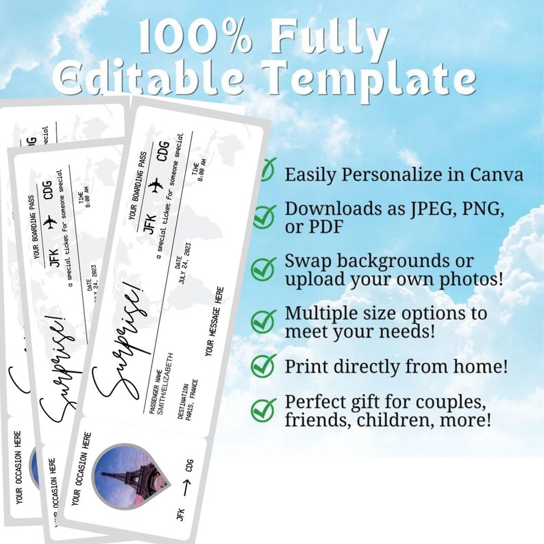 Editable Boarding Pass Ticket Template, Surprise Airline Gift, Airlines