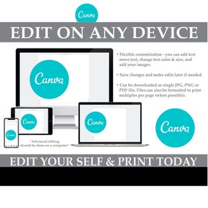 May include: An advertisement for Canva, showcasing its editing capabilities on various devices. The image features a desktop computer, tablet, laptop, and smartphone, each displaying the Canva logo. Text highlights customization options and file download formats.