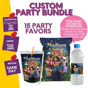 May include: Custom party bundle featuring a design with the text "Madison is Turning 6" on a juice pouch, chip bag, and water bottle. The image includes text that says "15 Party Favors".