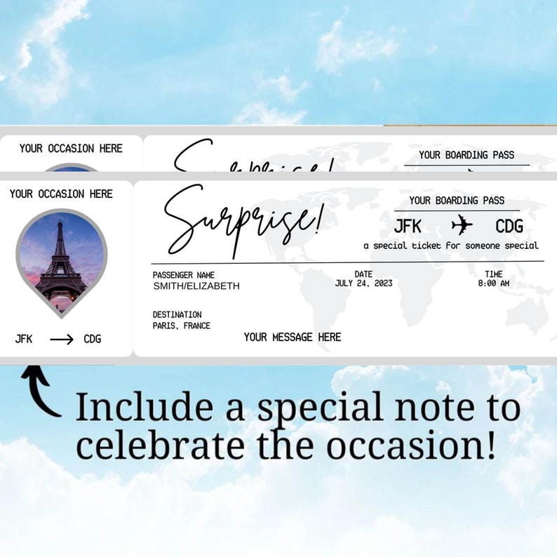 Editable Boarding Pass Ticket Template, Surprise Airline Gift, Airlines