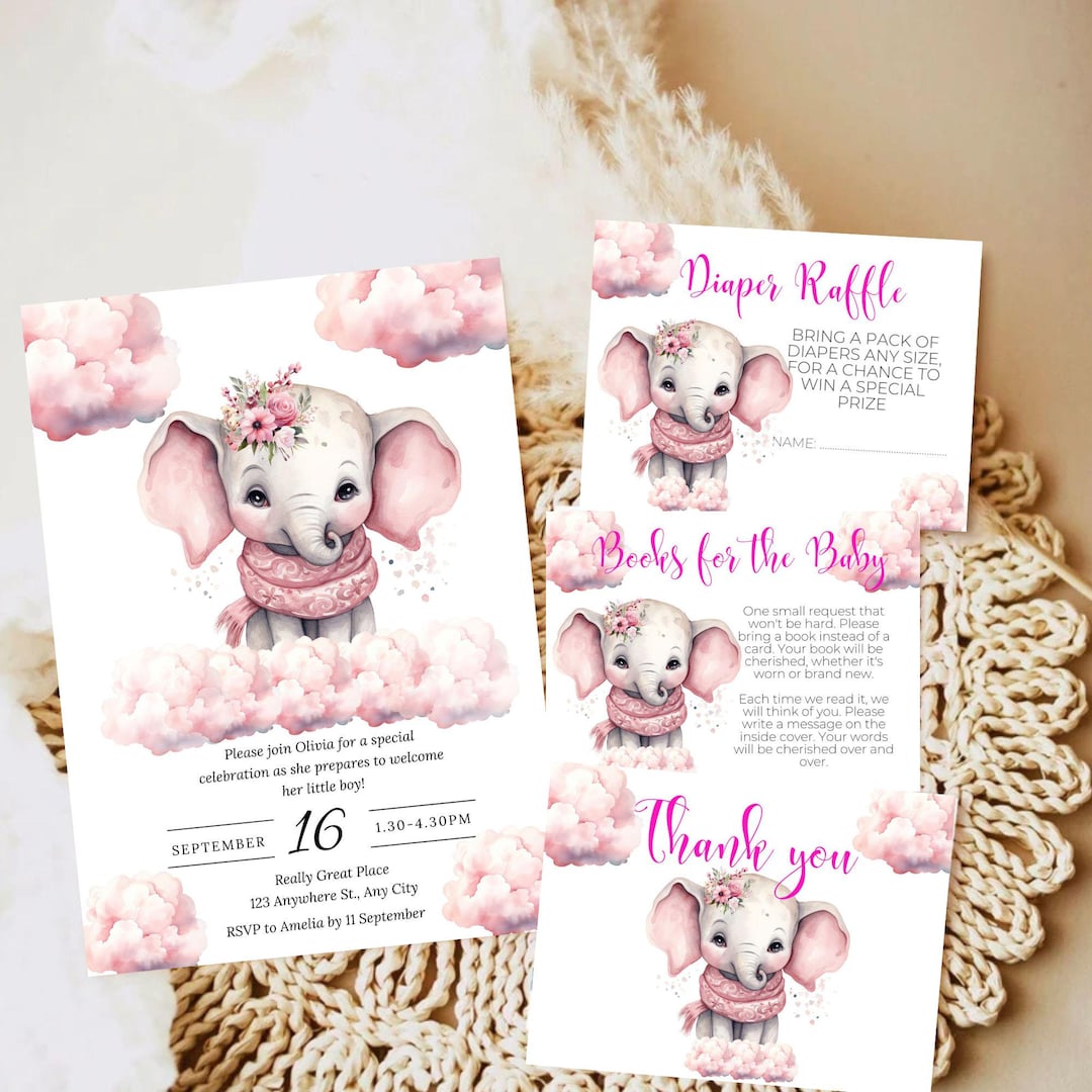 Pink Elephant Baby Shower Invitation Bundle Set, Editable Invite ...