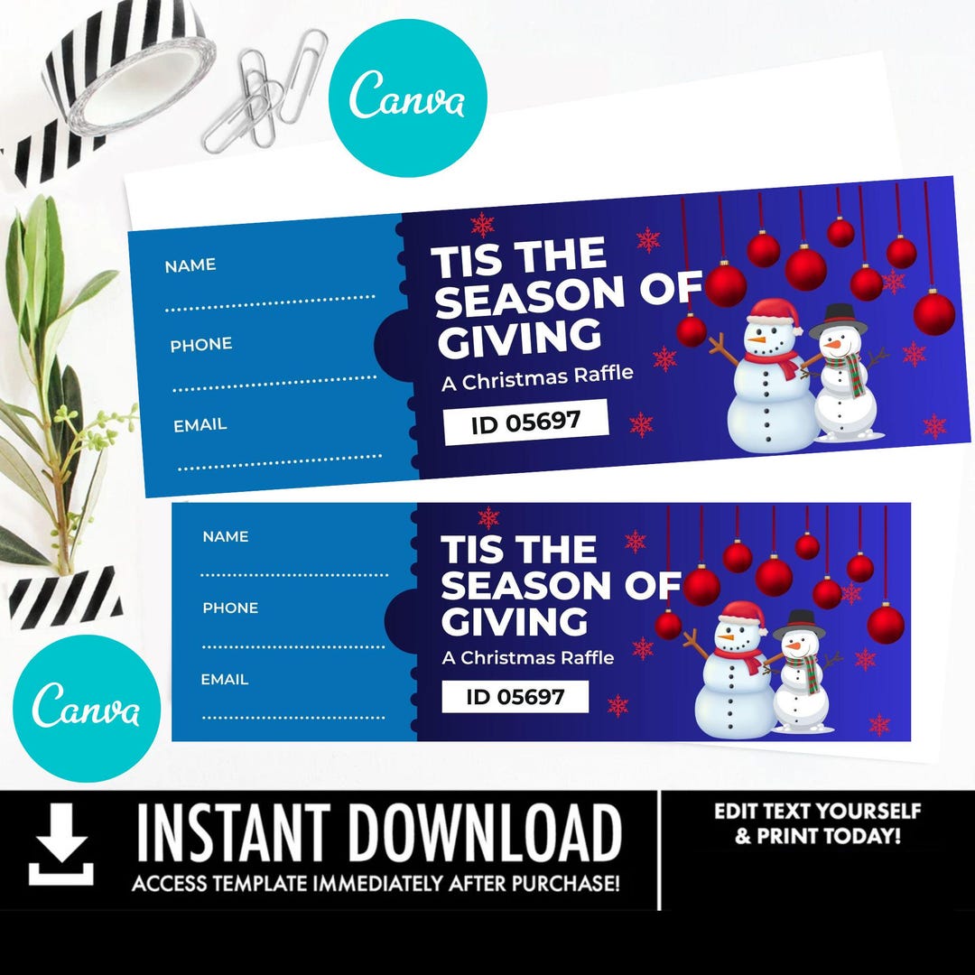 Editable Blue Modern Christmas Ticket Template Canva | Raffle Editable ...