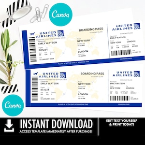 May include: Two United Airlines boarding passes with the passenger name Emily Watson, flight BC1234, from New York to London. The design includes a blue and white color scheme, with the text "Instant Download" and "Edit Text Yourself & Print Today!"