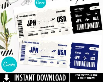 Editable Ticket Template Canva | Boarding Pass Invitation | Printable Airline Ticket | Event or Surprise Trip Gift | Digital Download