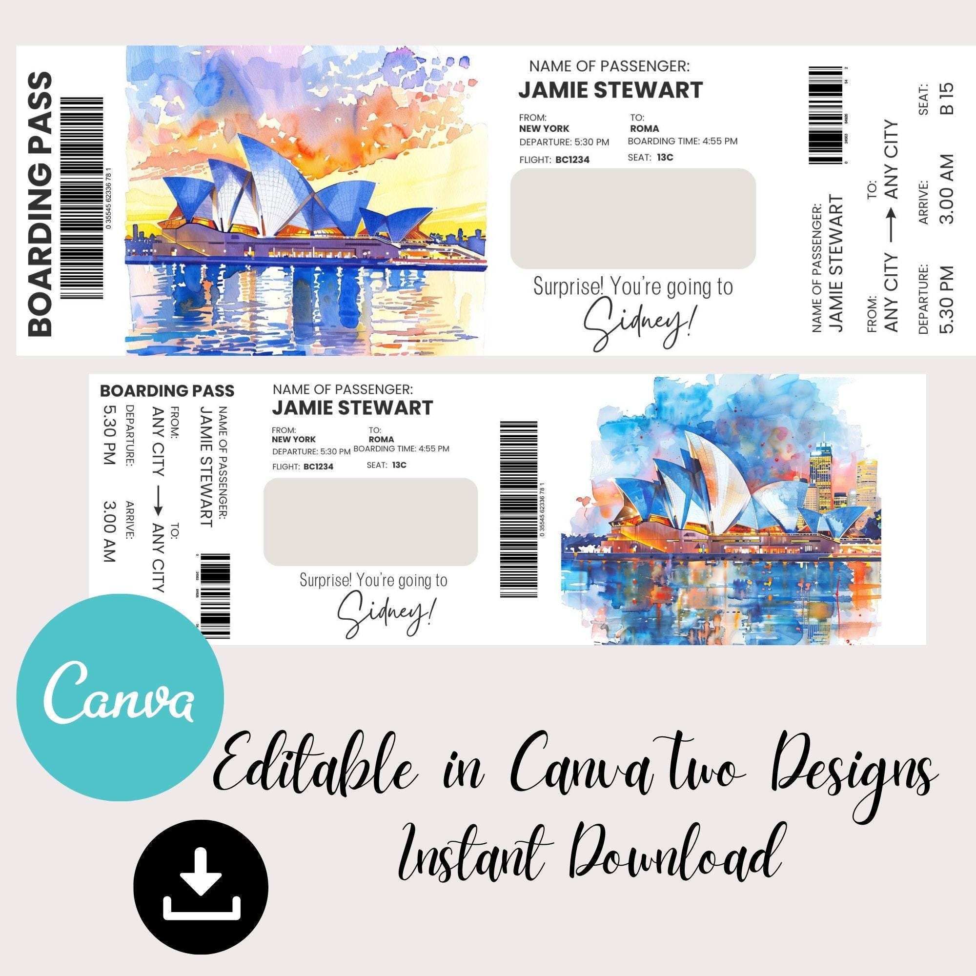 Editable Ticket Template SIDNEY Australia Canva | Boarding Pass ...