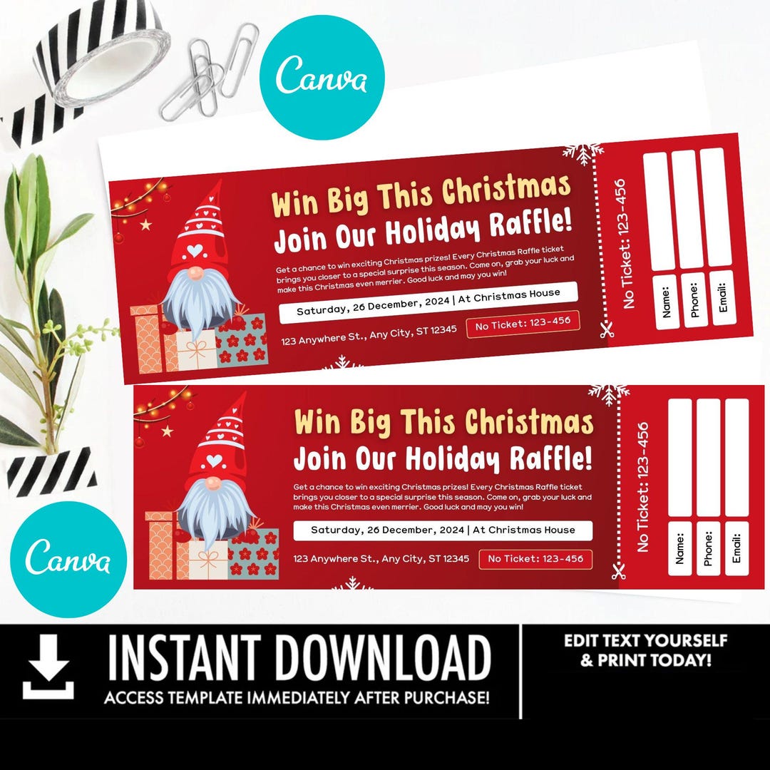 Editable Red Illustrated Christmas Raffle Ticket Template Canva ...