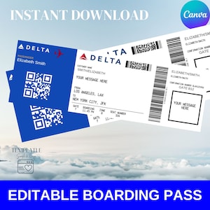 May include: A digital template for an editable Delta boarding pass. The design features a blue and white color scheme with the Delta logo, passenger information, flight details, and QR codes. The text "INSTANT DOWNLOAD" is at the top.