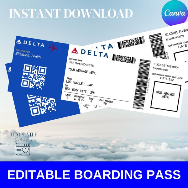 Editable Boarding Pass Ticket Template, Surprise Airline Gift, Delta Airlines, Printable Airline Ticket - Surprise Birthday Gift -Ticket