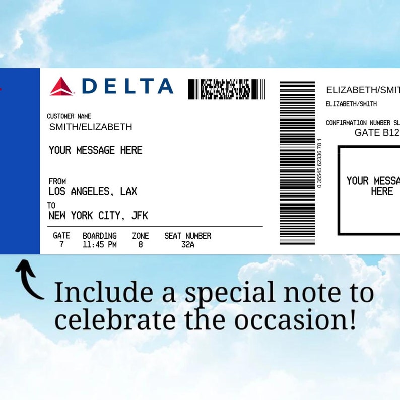 Editable Boarding Pass Ticket Template, Surprise Airline Gift, Delta Editable Boarding Pass Ticket Template, Surprise Airline Gift, Delta