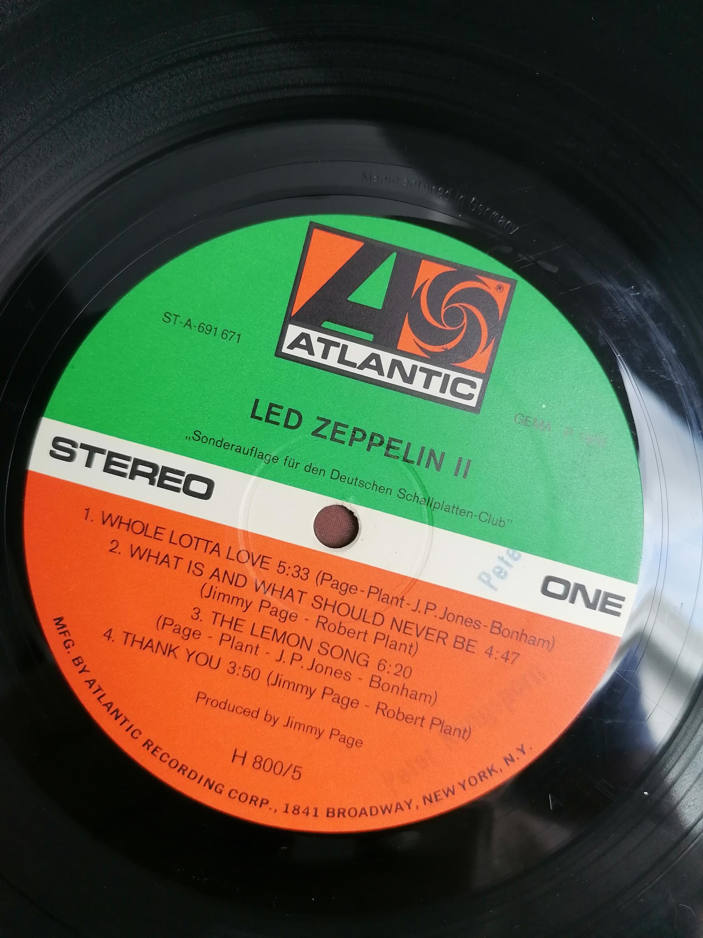 Led Zeppelin - Led Zeppelin II Vinyl Record Label Atlantic H 800/5
