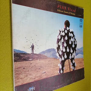 May include: A vintage vinyl record album cover for Pink Floyd's "Delicate Sound of Thunder". The cover features a man wearing a suit covered in light bulbs standing in a field with a mountain in the background. The album cover is in good condition with some minor wear and tear.