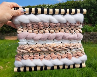 Medium Neutral Handwoven Wall Hanging. "Rosemary" Handmade Wall Art. Hands-on Art Yarn. Velvet Ribbon. Recycled Sari Silk. Merino.