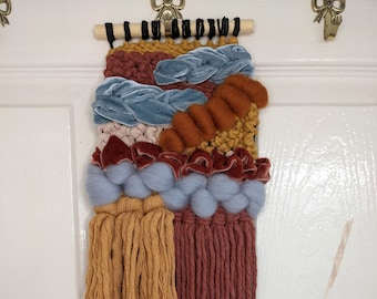 Medium Hand Woven Wall Hanging: "Gwen" Handmade Weave. Wall Art. Dusty Blue and Rust Silk Velvet Ribbon. Merino Wool Tops.