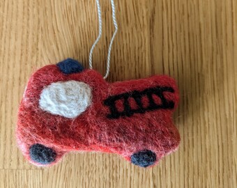 Limited Edition. Needle Felted Fire Engine. Hand Blended. Handmade Nursery Decor. Home. Shelf Ornament. Hanging Gift Ideas.