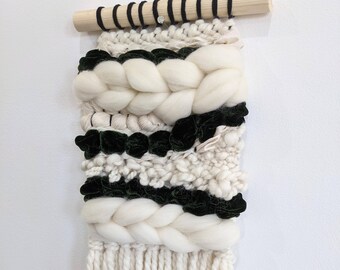 Medium Green and Cream Handwoven Wall Hanging. "Mabel" Handmade Wall Art. Handspun Art Yarn. Velvet Ribbon. Merino Wool.
